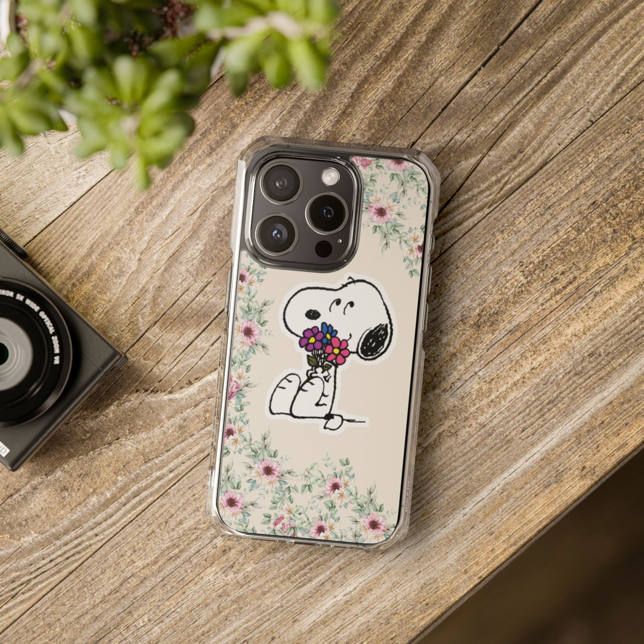 Clear Magnetic Phone Case — Flores con Snoopy