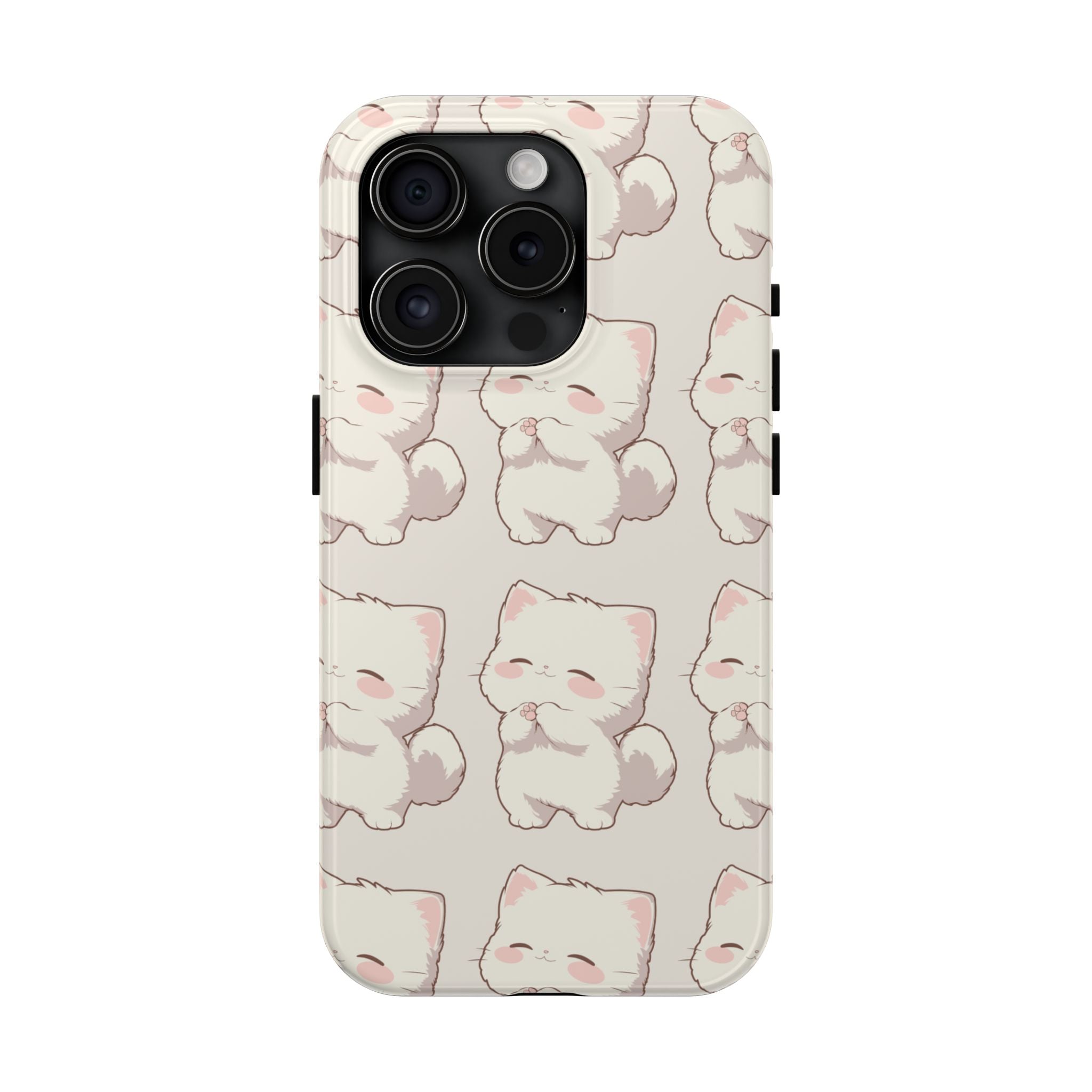 Cute Kawaii White Cat Tough Phone Case — Protective iPhone Case with Adorable Blushing Kitten Pattern