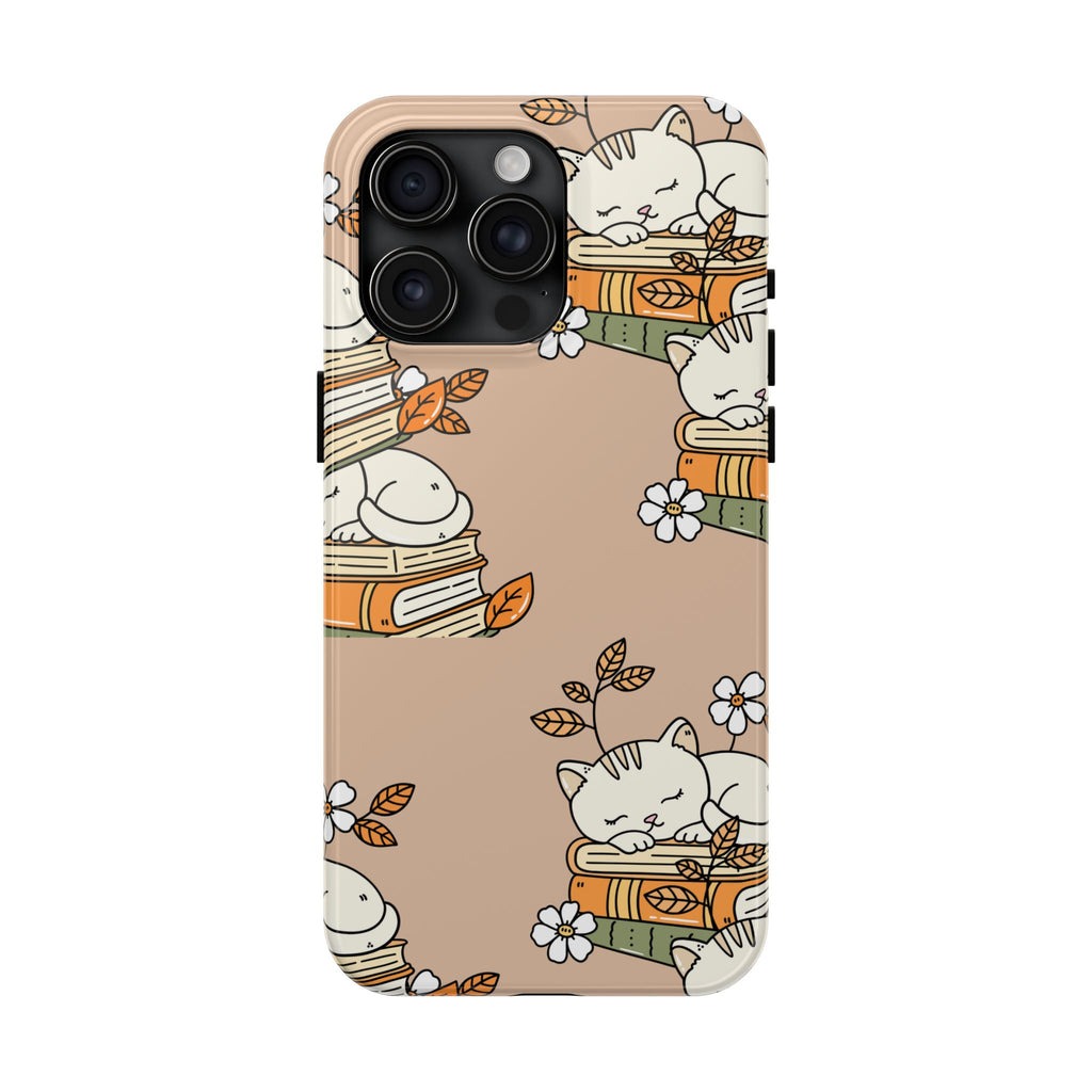 Cute Sleeping Cats on Books Tough Phone Case — Cozy Booklover Protective Cover