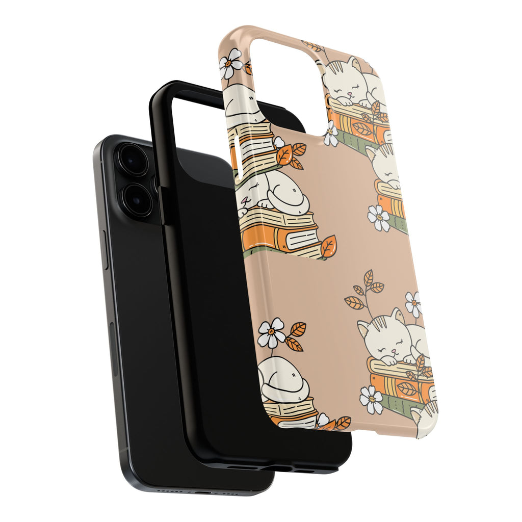 Cute Sleeping Cats on Books Tough Phone Case — Cozy Booklover Protective Cover