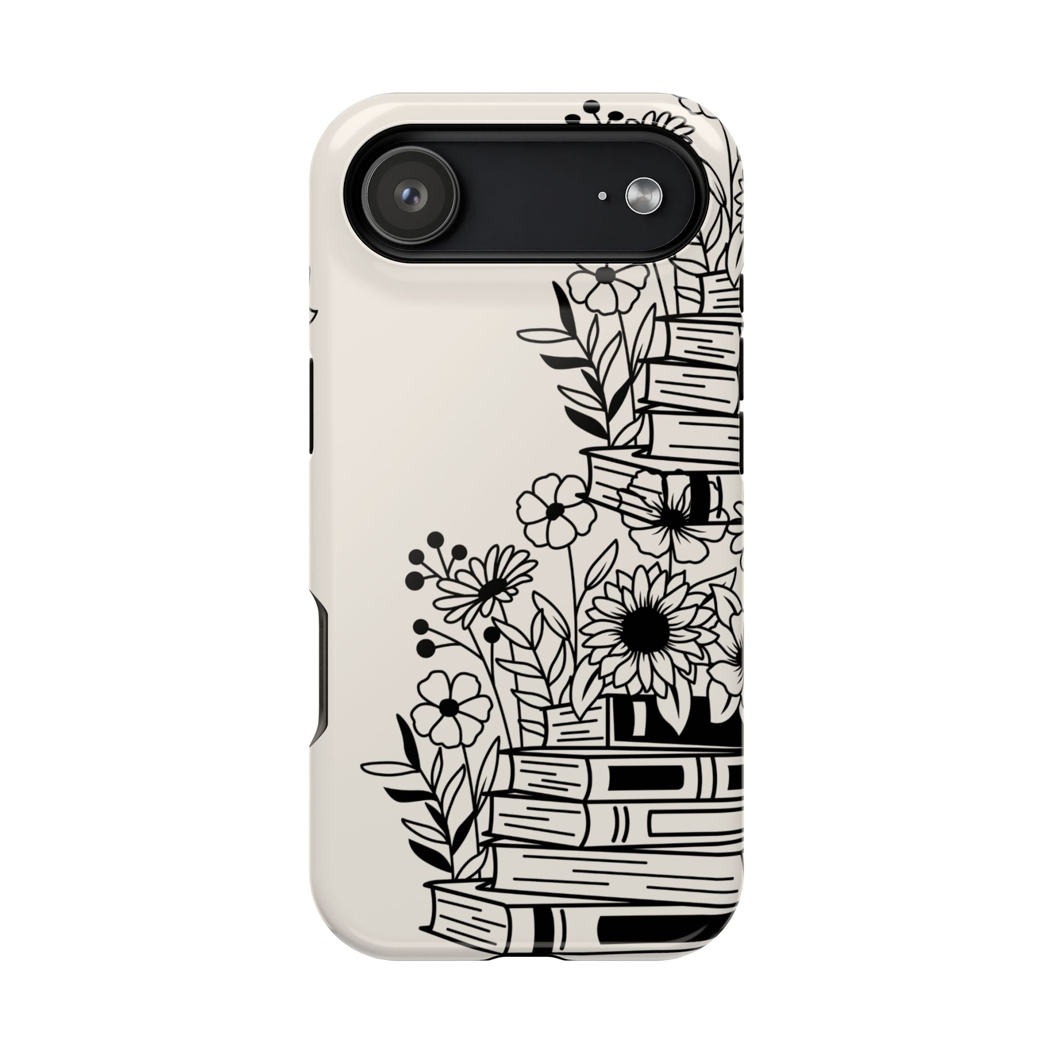 Floral Bookstack Phone Case — Black & White Botanical iPhone Protective Cover