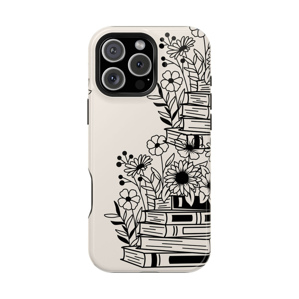 Floral Bookstack Phone Case — Black & White Botanical iPhone Protective Cover