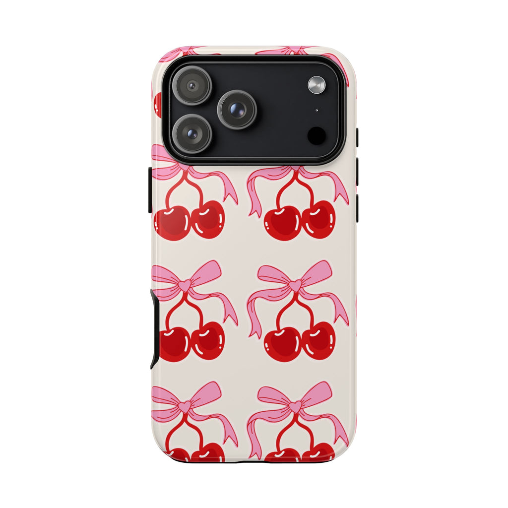 Cherry Bow Phone Case — Pink Ribbon Cherry Pattern Protective Phone Cover