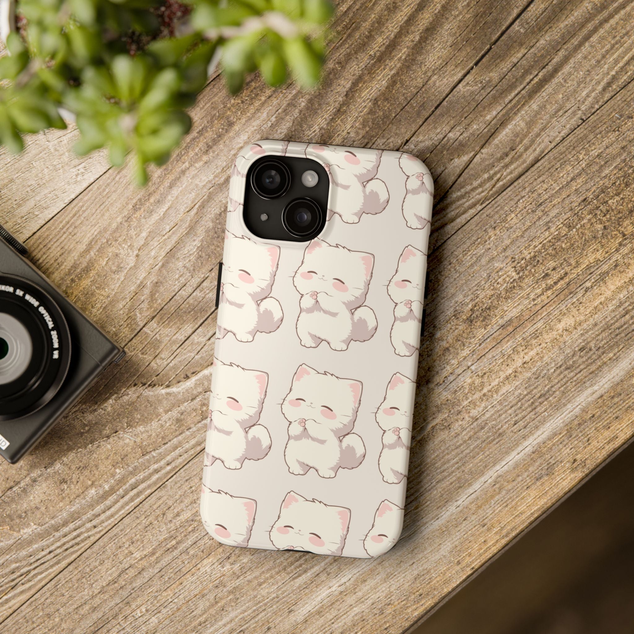 Cute Kawaii White Cat Tough Phone Case — Protective iPhone Case with Adorable Blushing Kitten Pattern