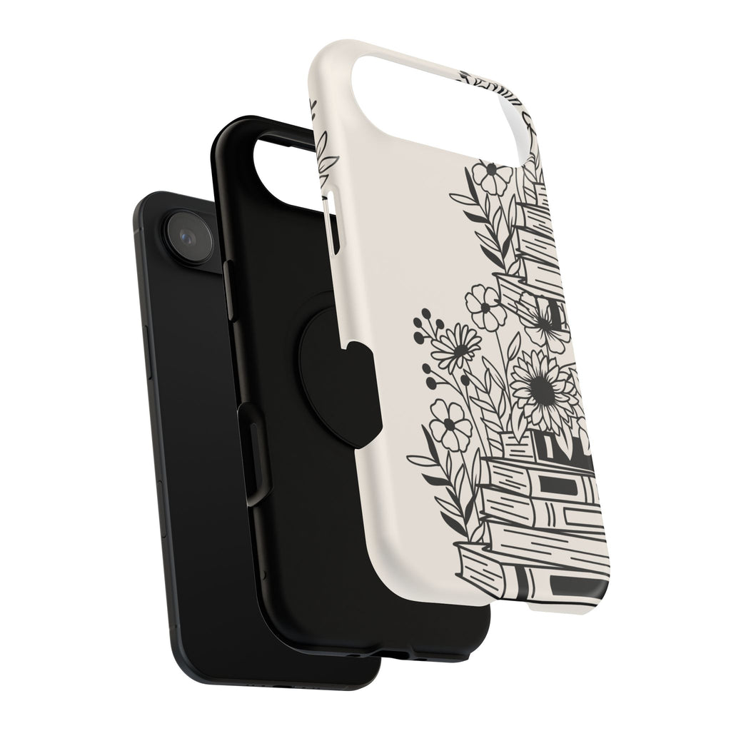 Floral Bookstack Phone Case — Black & White Botanical iPhone Protective Cover