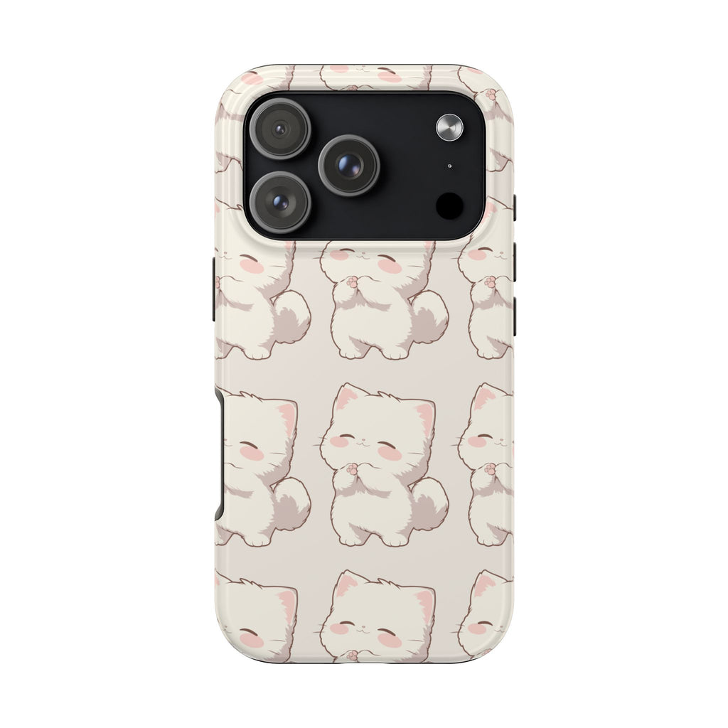 Cute Kawaii White Cat Tough Phone Case — Protective iPhone Case with Adorable Blushing Kitten Pattern
