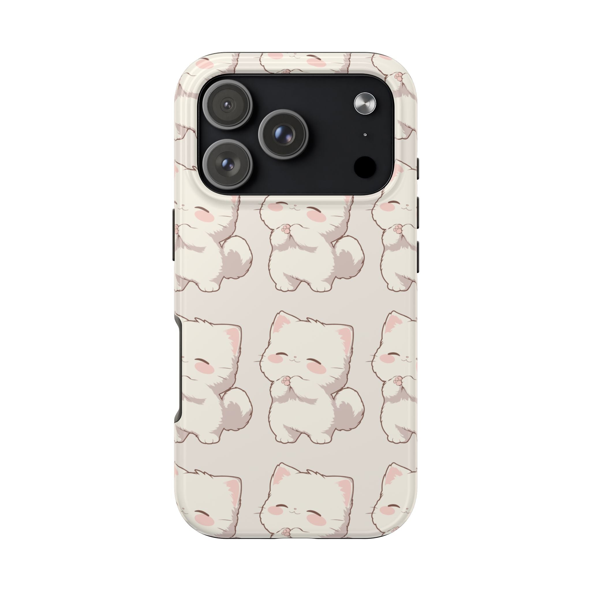 Cute Kawaii White Cat Tough Phone Case — Protective iPhone Case with Adorable Blushing Kitten Pattern