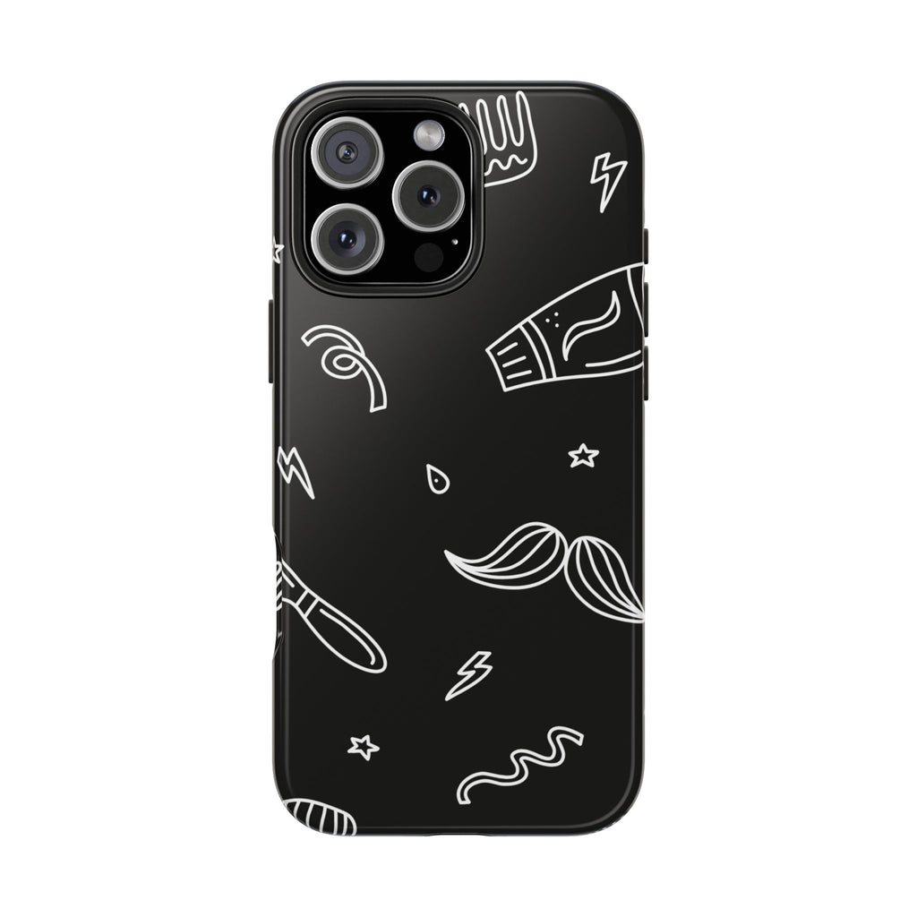 Barber Tools Tough Phone Case — Black Mustache & Razor Pattern