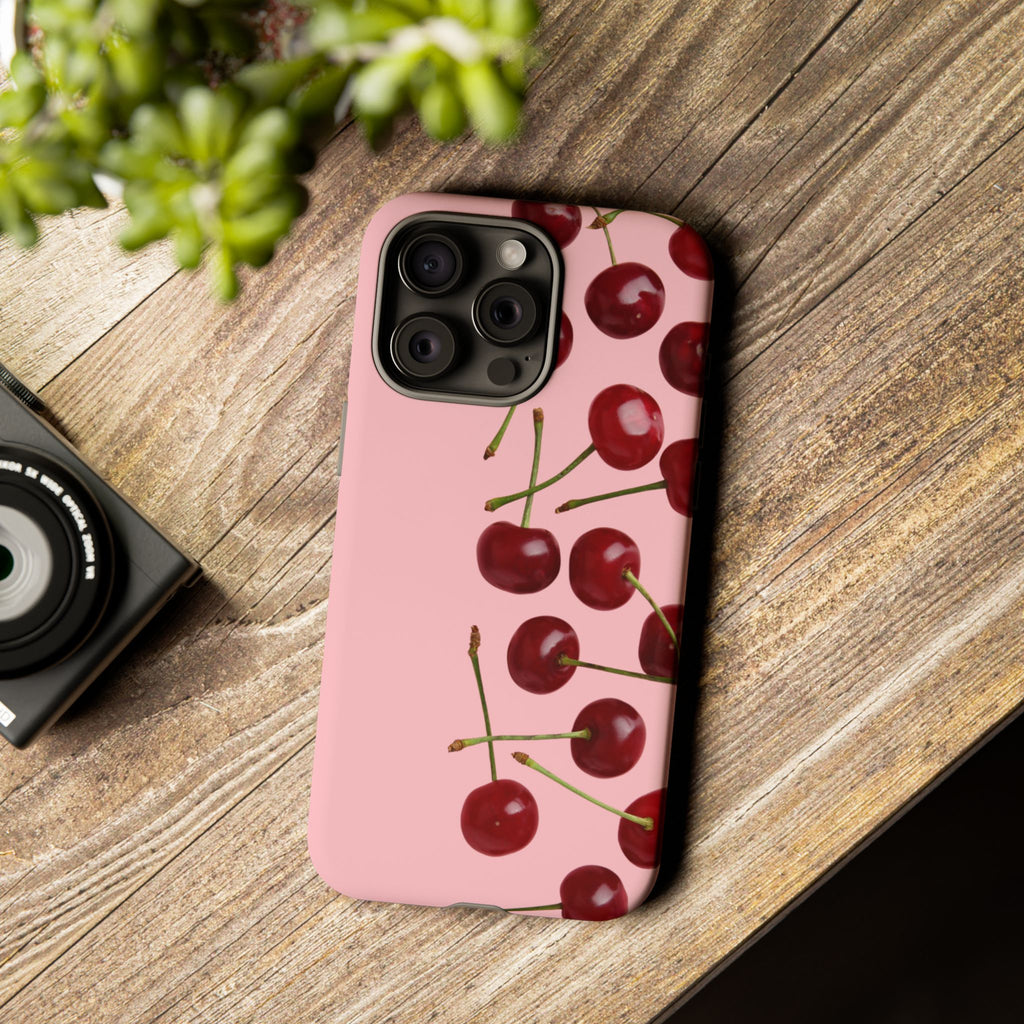 Cherry Pattern Tough Phone Case — Pink Retro Fruit Design