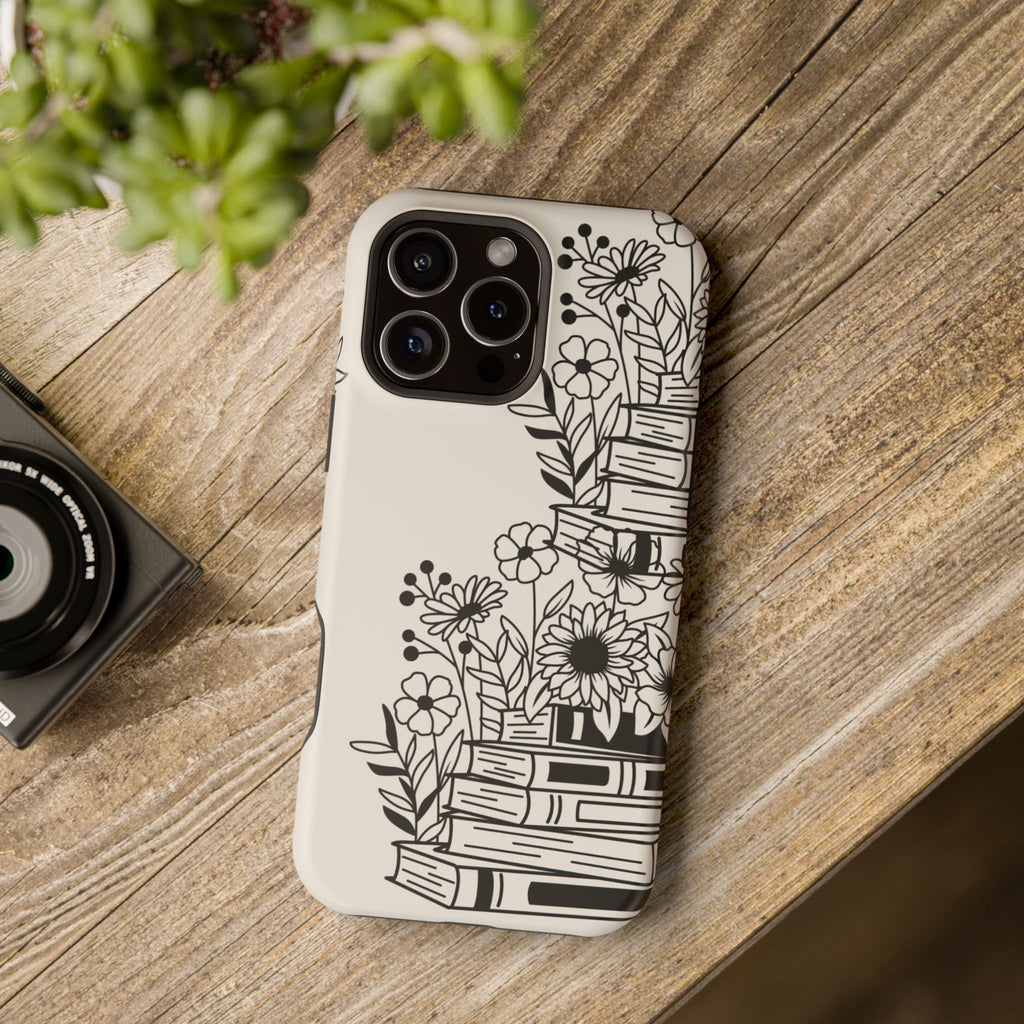 Floral Bookstack Phone Case — Black & White Botanical iPhone Protective Cover