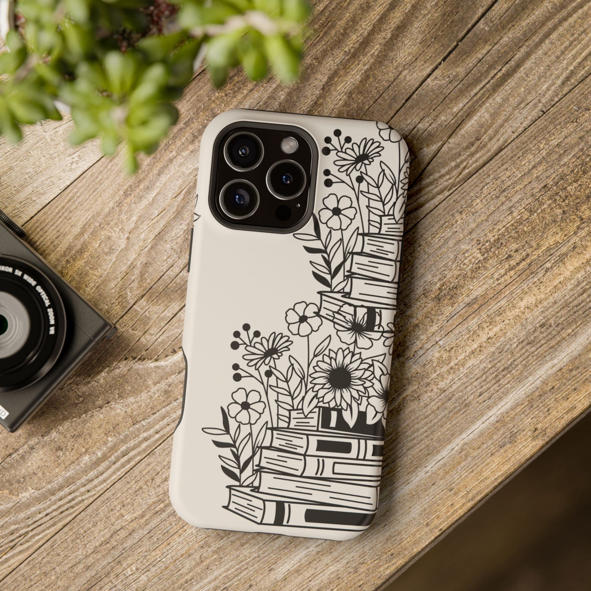 Floral Bookstack Phone Case — Black & White Botanical iPhone Protective Cover