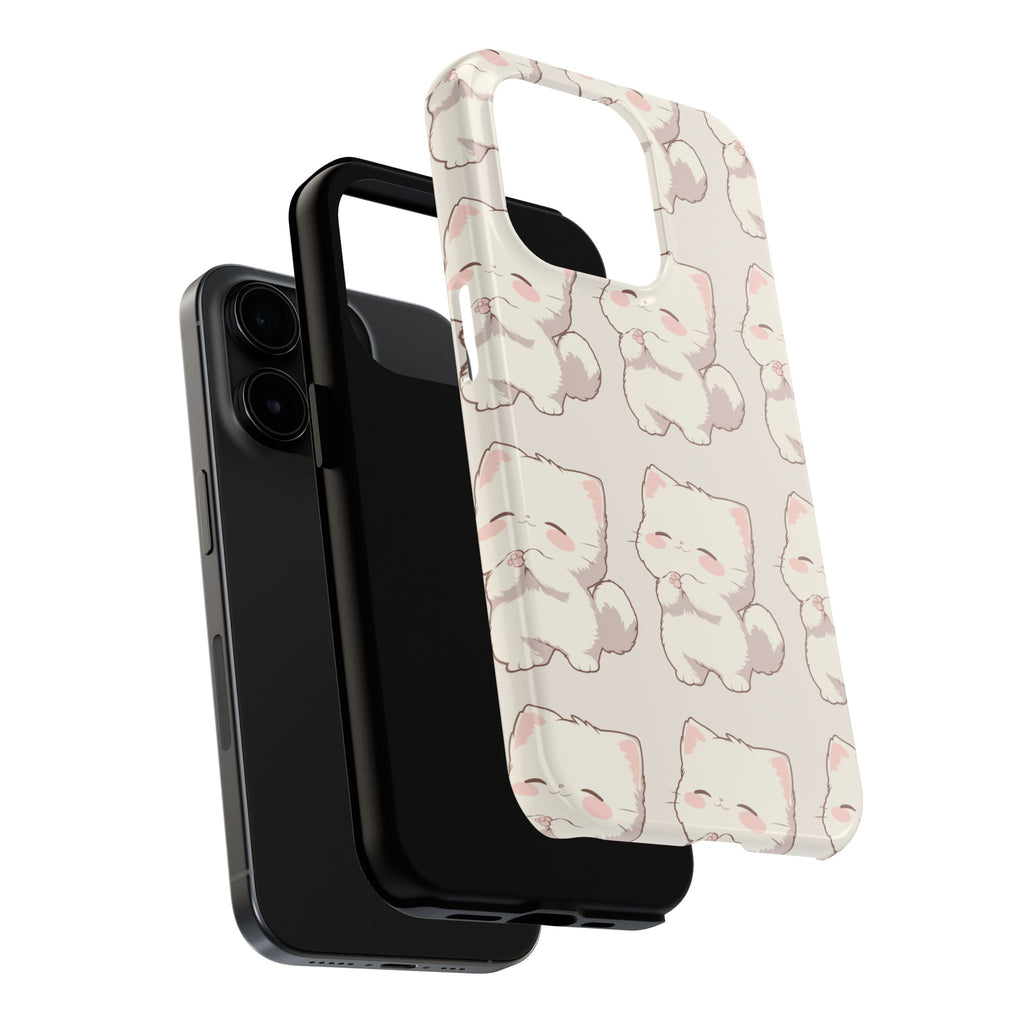 Cute Kawaii White Cat Tough Phone Case — Protective iPhone Case with Adorable Blushing Kitten Pattern