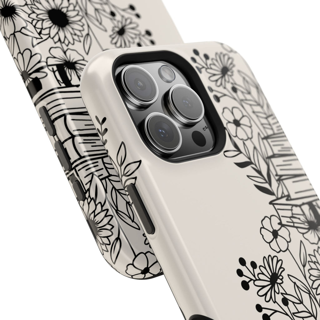 Floral Bookstack Phone Case — Black & White Botanical iPhone Protective Cover