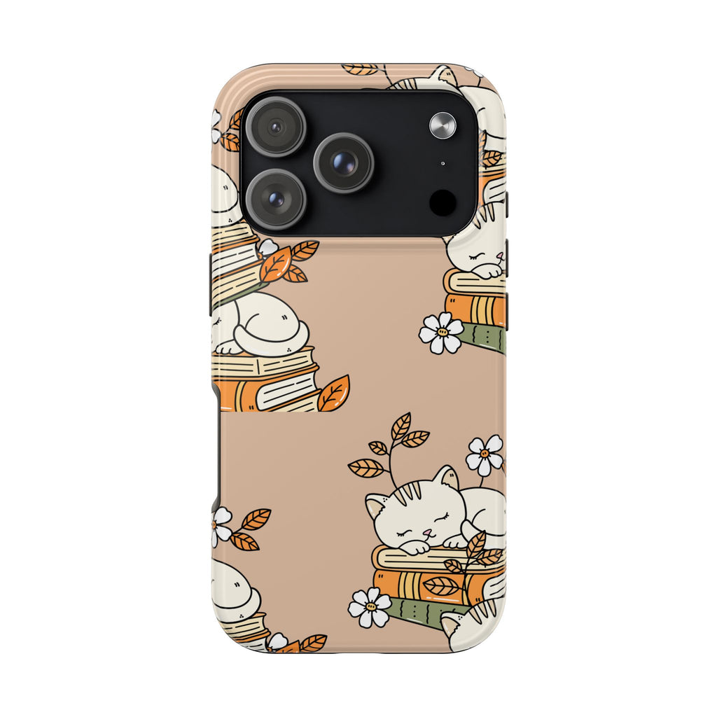 Cute Sleeping Cats on Books Tough Phone Case — Cozy Booklover Protective Cover